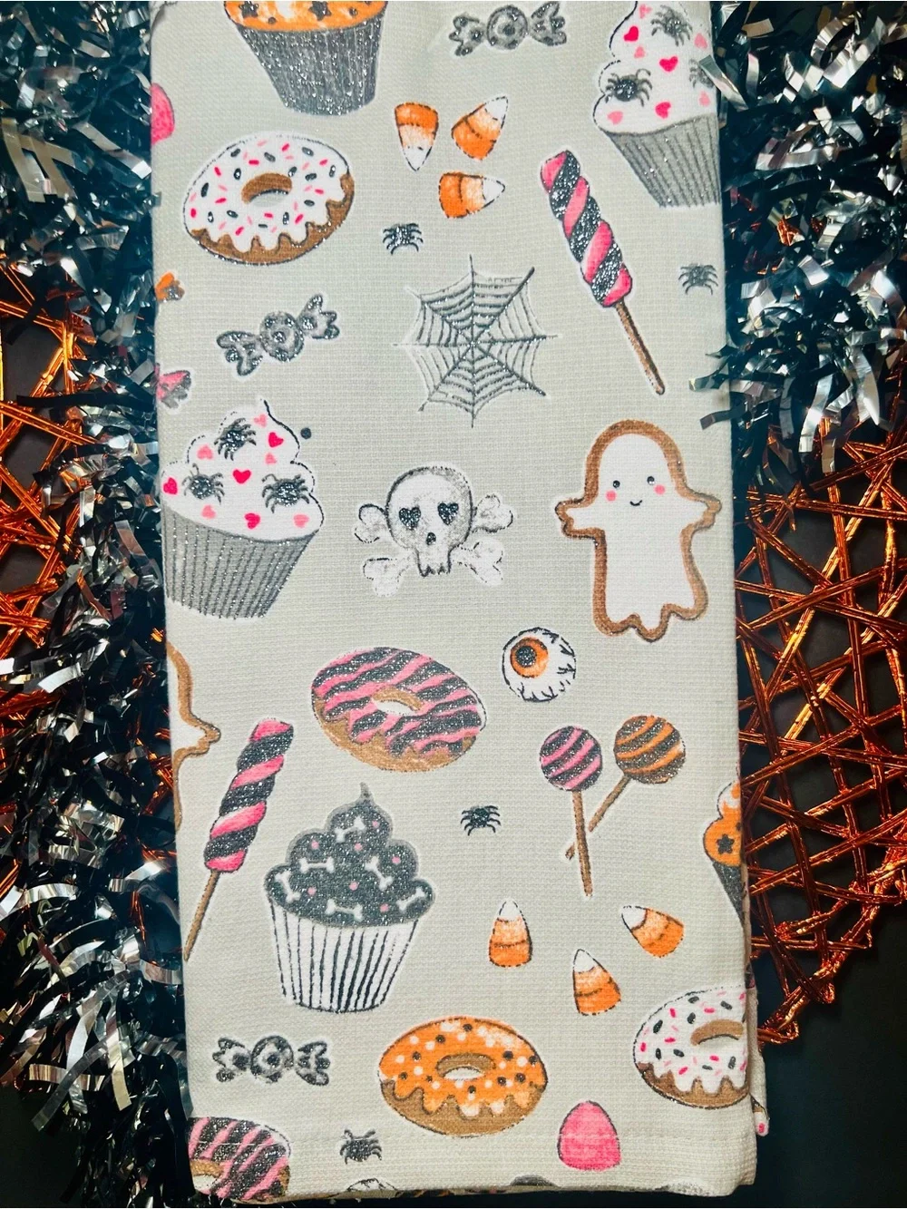 2 Halloween Sweets Kitchen Towels Candy Cookie Ghost Cupcake Donuts Glittered